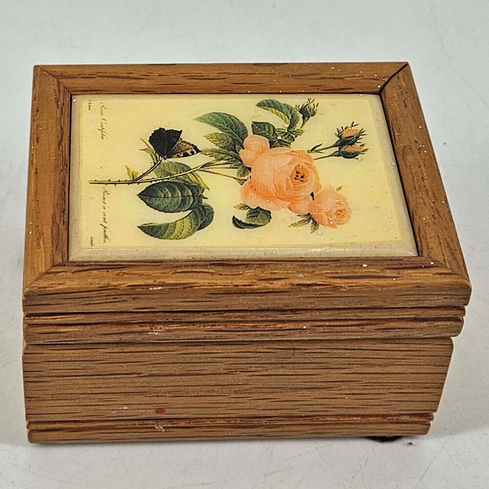 Vintage Kimberly Enterprises Graphic Art Tile Music Box Pink Roses butterfly